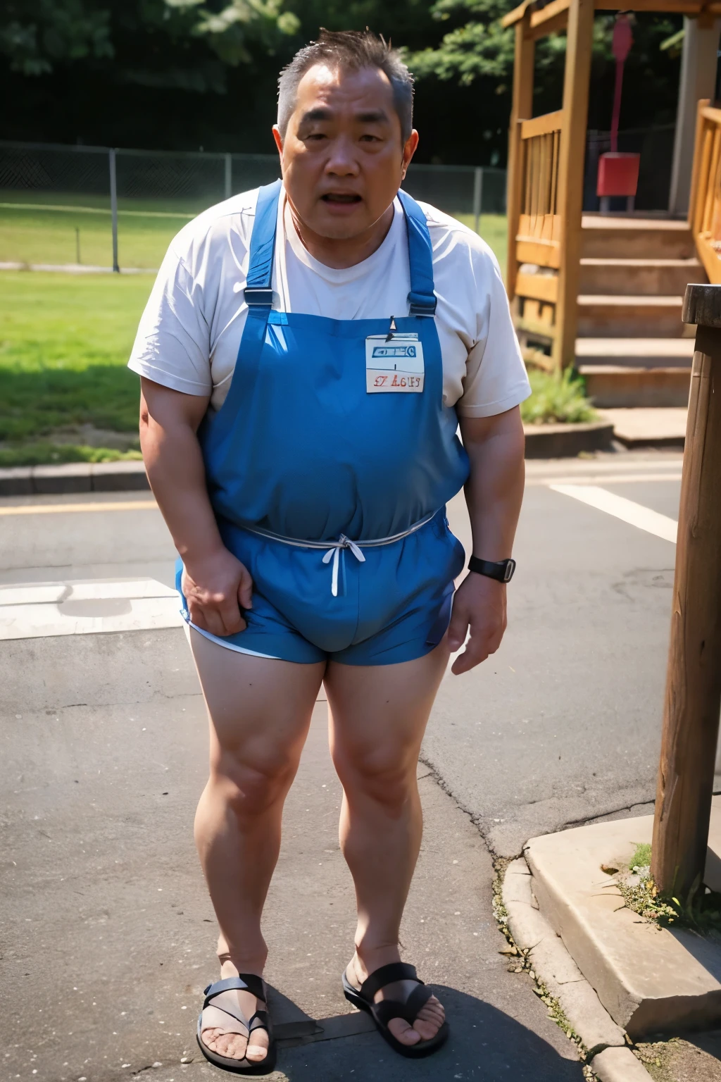 A thick man is 50yo in japan, He stand and slouching look down, dwarfism, Wearing a light blue short sleeve and white diaper, Pampers, Pacifier and bib, Bare legs, crew cut, tearful, expression of agony, There is a small puddle at his feet, from side, playroom, a picture, high detail photo, masterpiece