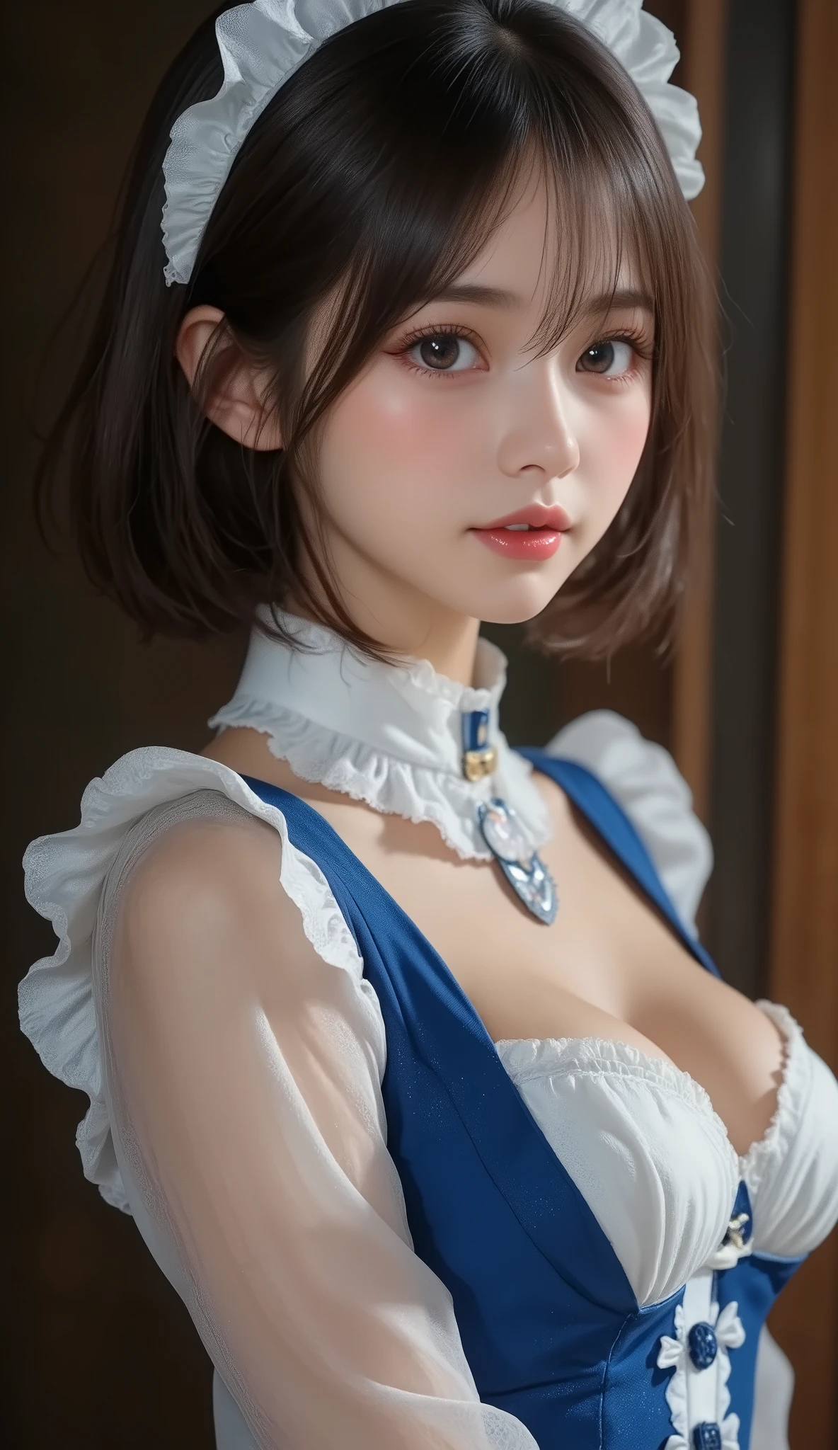 8k,Ultra High Resolution , Best Quality, masterpiece,rule of thirds,golden ratio,surreal,pictures, one woman,( girl:1.3),cute,cute顔, Beautiful Eyes in Every Detail , 細かくdetails,mature woman,Princess,Full body,black hair,Short Bob,ID photo, luxurious and beautiful ,( famous Japanese idol girl),Booties,(((detailed blue and white Edwardian maid outfit 10.0)))(((luxury Edwardian maid costume)))(((girl in a blue and Edwardian maid costume))),(((smile with raised corners of mouth))),((((Dynamic Dressed Nipple Massage 5.0))),(((dress up in a charming chest 5.0))),((( dynamic pose)))(((smile with raised corners of mouth))), very delicate expression , delicate eye description,healthy body, ((Female 1)), Height: 160cm ,( thin waist:1.4)、( Beautiful :1.4), pink lips,Profile ,((( ideal figure))),Small A Cup Bust :2, portraits:2、 Perfect Anatomy 、鮮明な details、 details,thin lips,Perfect and beautiful face ,完璧でcute顔, meticulous skin , perfect limb that wraps around the body,thin waist, surreal,Light and Dark,fashion magazine cover,stage lights