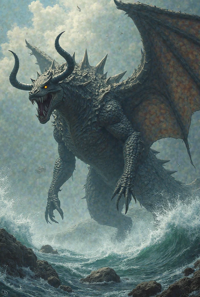 Gigantic dangerous and mythical cross a bull and dragon with wings  with scary background 