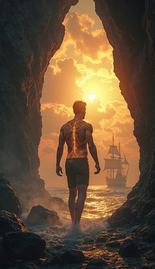 **Description:** The scene captures a moment of awe and wonder, featuring a blonde male model with striking blue eyes that enhance his undeniable charm. His athletic and toned physique is prominently displayed as he is shirtless, showcasing his sun-kissed skin while wearing bright red Bermuda shorts, adding a vibrant contrast to the otherworldly surroundings. **Situation:** In this mesmerizing and illuminated scene, the model stands confidently inside a breathtaking crystal cave with a captivating greenish glow. The cavern's interior is adorned with stunning, luminous crystals that reflect and refract light, creating a kaleidoscope of colors, with an intriguing greenish hue adding depth and mystique to the space. The model’s defined muscles and bold Bermuda shorts stand out against the sparkling backdrop of shimmering crystal formations and the verdant glow. His stance is relaxed yet curious, with one hand resting lightly on a crystal formation and the other casually by his side. His gaze is directed towards the dazzling array of crystals and the verdant illumination, his expression a blend of awe and tranquility as he takes in the surreal beauty of the cave. The gentle, diffused light from the crystals and the greenish glow creates a warm, captivating atmosphere, highlighting the model’s features and the intricate details of the cave. The natural yet extraordinary setting, combined with the model’s striking appearance, creates a harmonious and enchanting atmosphere, capturing the essence of a mystical and adventurous escape. **Keywords:** summer, crystal cave, greenish glow, shirtless, Bermuda shorts, model, nature, luminous, ethereal, scenic, indoors, adventure, natural beauty, stylish, toned, captivating.