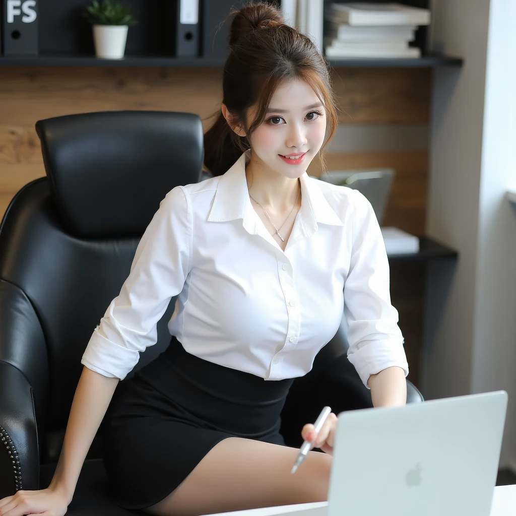 (Only 1 person)、 full body portrait、Japanese office girl、Sexual charm、High heels、black、Outstanding body、Blouse with a fluttering chest、Professional portrait photography、Beautiful legs、Full body photo、Ultra mini skirt、office Street、Short bob with slightly long bangs、Large Breasts、Too much exposed skin、Her blouse is transparent and her bra is visible、A man sitting on a chair with his legs crossed.