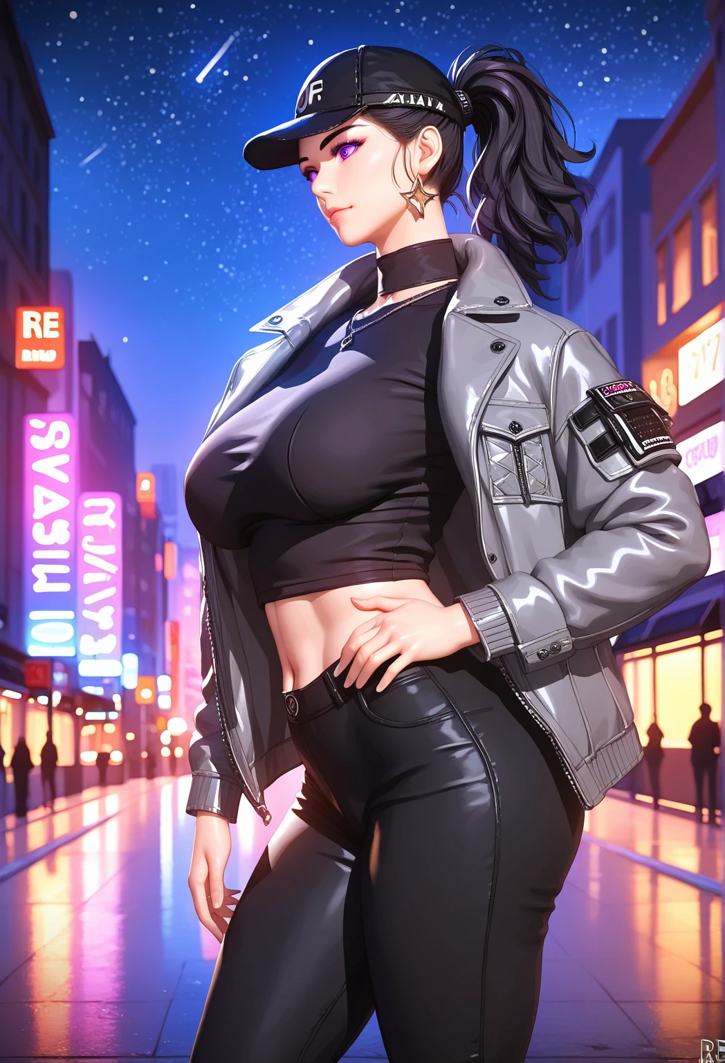 masterpiece、top-quality、The ultra -The high-definition、、colourfull、flat-colors、depth of fields、lens flare 1 girl、、A dark-haired、watching at viewers Suits Cutter shirt a belt suspenders working adults materia OL Black jacket glares large full breasts JINS jeans