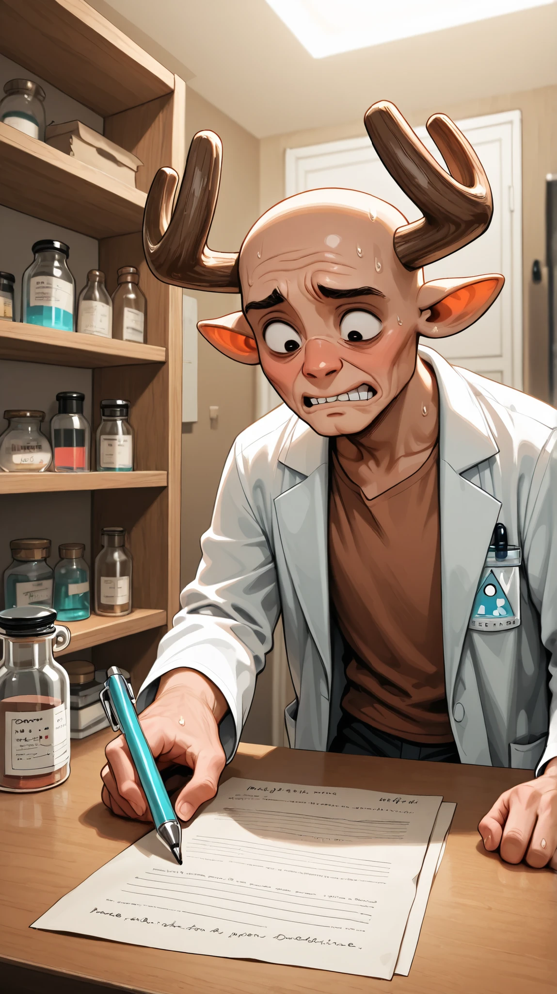 Picture of Chopper wearing a doctor's lab coat, looking shyly at a shelf full of medicine. He has an expression of doubt , maybe with a pen and paper in his hand, clumsily jotting down something.