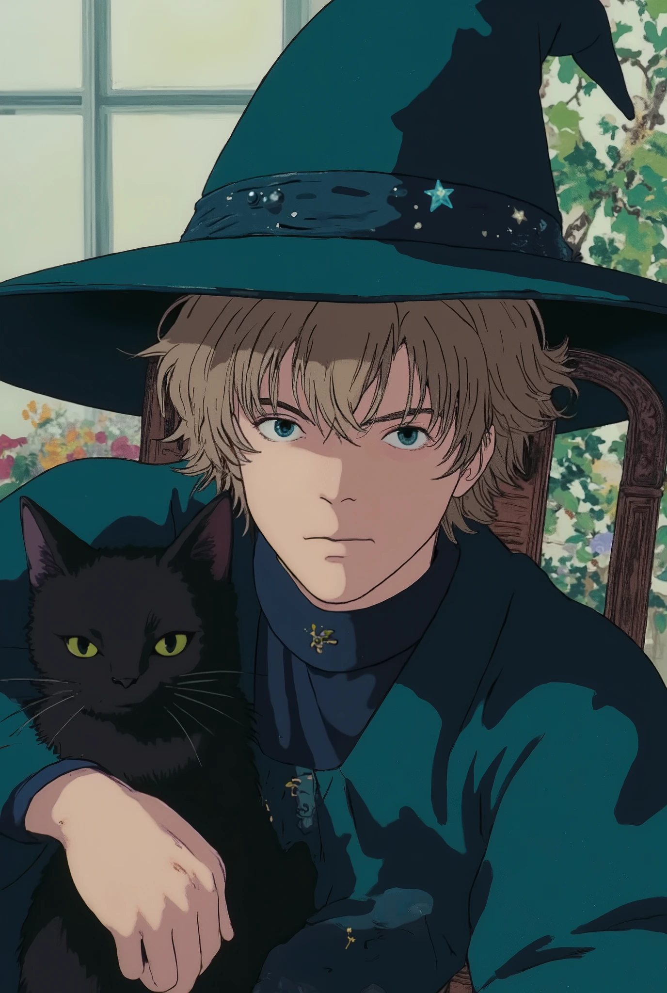 (photorealism:1.2),19 years old boy, DETAILED, . full body imej. skinny hunk. A young beautiful handsome man wizard with pale skin,. full body shot, long shot, the feet His eyes are striking, and stunning, deep azure blue with soft hints of icy silver, framed by subtle eyelashes 2block waves brown blonde hairstyle, with high cut His hair is styled in a modern, His hair is a deep, raven black, The tousled texture adds volume and movement, emphasizing his dynamic, dreamlike presence. Create realistic images, High resolution imej/ ((masterpiece)),((best quality)),8k, high detailed, ultra-detailed, real skin texture. The imej is crisp and clear, likely captured with professional-grade equipment. ((Masterpiece, ultra-detailed, best quality, expressionless features, expressive eyes)) create a portrait very accurately based on the promth given. The photo is crisp and clear, likely captured with professional-grade equipment., wearing loose teal color wizard robe with blue azure turttleneck outfit inside robe., indoors, soft lighting, plants in background, window with sunlight, cozy room, relaxed pose on rocking chair, realistic, intricate details, warm colors, by Greg Rutkowski, by Alphonse Mucha. wear long teal color wizard hat, with litte blue azure star onoment on top hat. black cat beside him