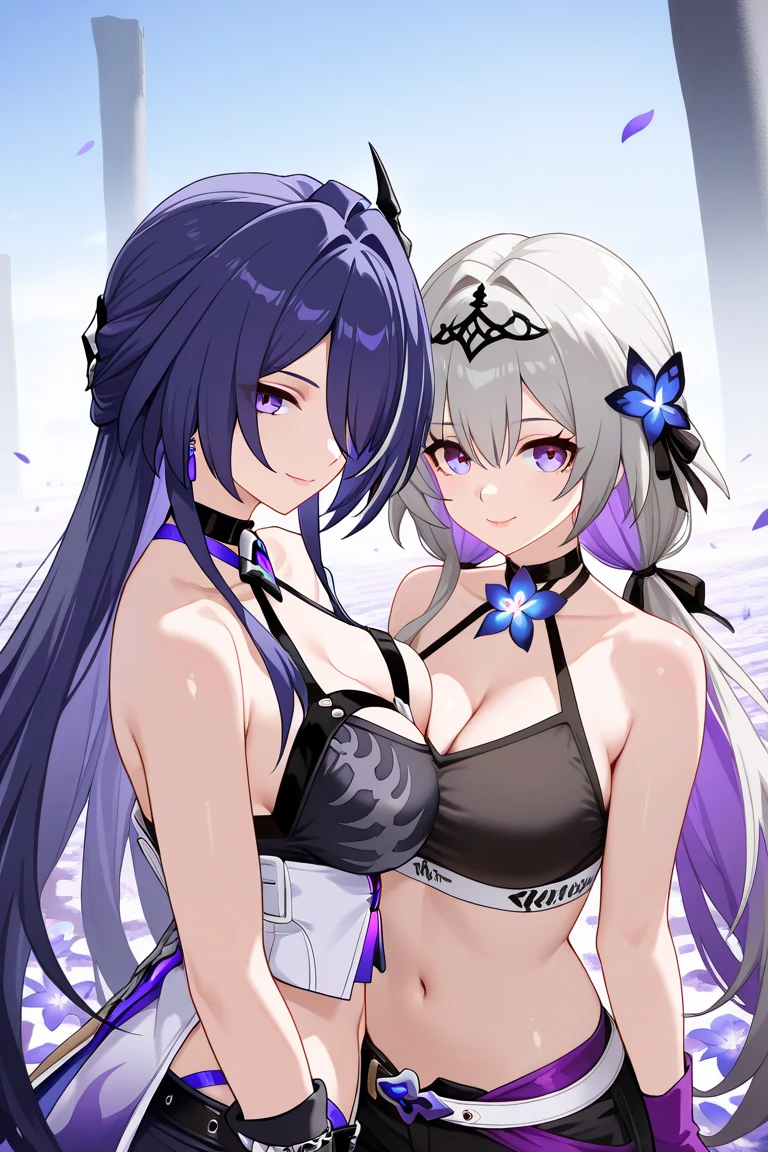 a girl with purple hair and another with white hair making a heart with their arms, with sexy fantasy costumes