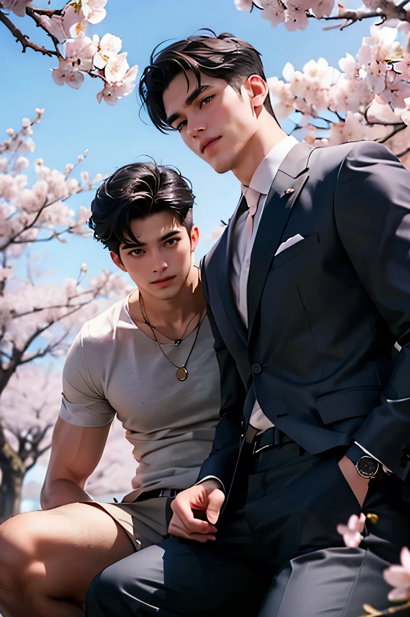 blue sky Cherry blossom trees in the background cherry blossoms in full bloom two men Two handsome guys very short black hair Mega Bulge opening sit with legs open touch your crotch
