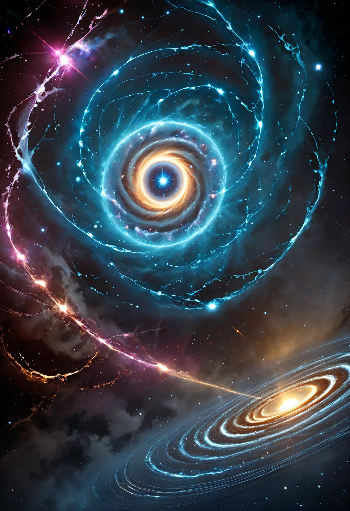 ultra detailed, absolutely resolution, masterpiece, spiral galaxy, cosmic rays, electromagnetic waves, sparks, various effects