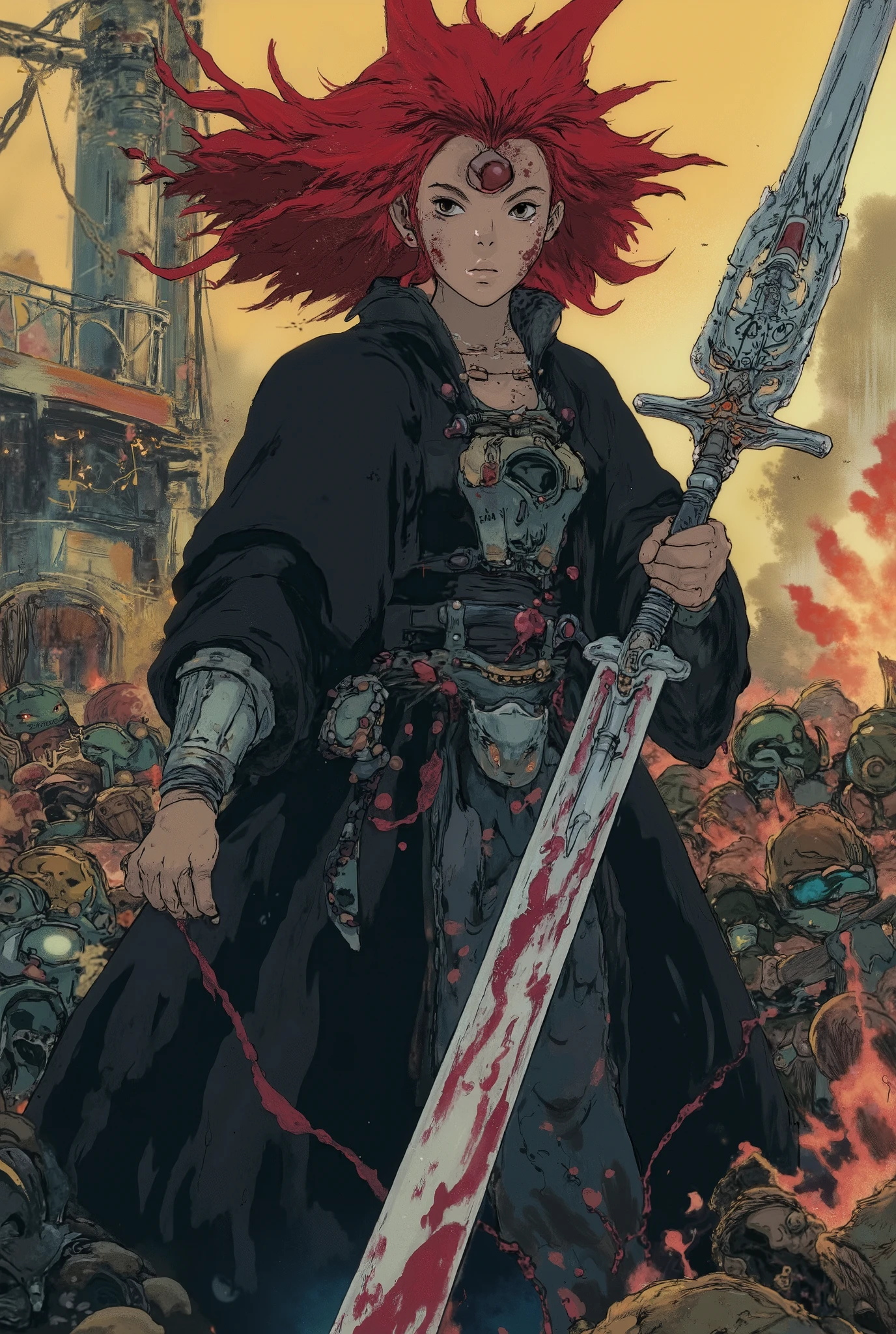 A powerful and fierce sorceress clad in a flowing black wizard robe adorned with intricate silver runes, seamlessly merged with battle-worn armor. Her piercing gaze emanates both beauty and danger, with a face marked by a small scar that tells a story of survival and strength. Her crimson hair flows wildly against the backdrop of a smoky battlefield, illuminated by the golden hues of a setting sun. She wields an enormous, blood-stained sword in both hands, its blade shimmering with dark magical energy. The atmosphere is intense, filled with swirling embers and a faint aura of shadowy magic, reflecting her unyielding determination and commanding presence