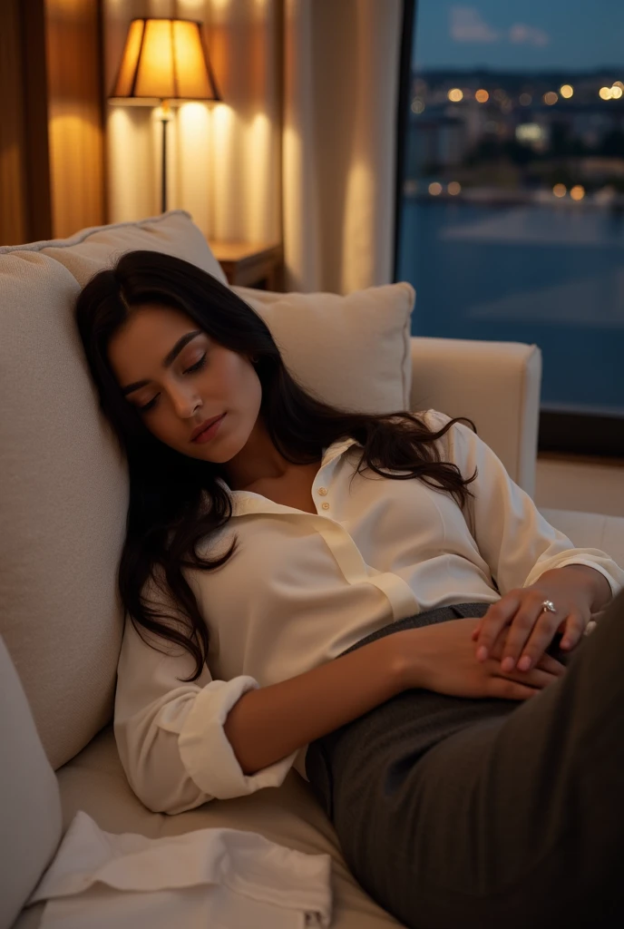 Beautiful Hispanic model taking a nap on the plane at night