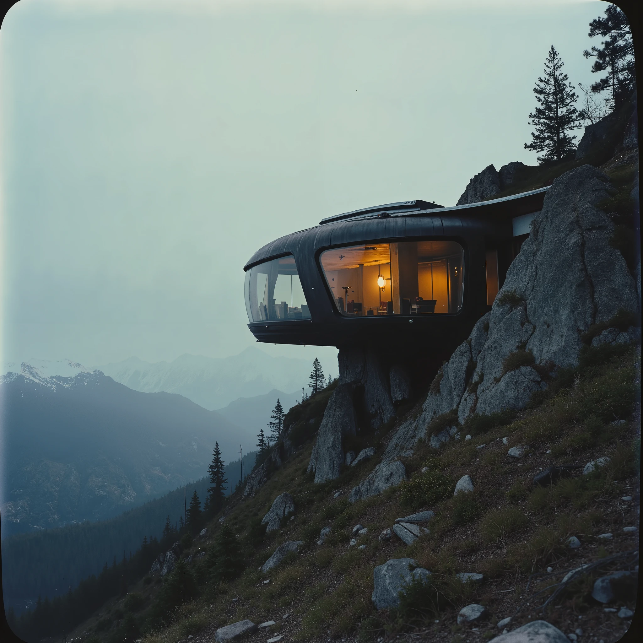 “The Silent Outpost, spectacular and terrifying escapism. A breathtaking yet eerie brutalist remote home outpost, Paradoxically built, vertigo induced proportions and mind bending perspectives, intricately built and clinging to a jagged Scandinavian mountainside, its raw metal and futuristic organic materials seamlessly integrated into the rock face. Designed in the avant-garde styles of (Snøhetta, MVRDV, Herzog & de Meuron, Diller Scofidio + Renfro and Toyo Ito & Associates), the structure is both a refuge and a haunting anomaly in the desolate wilderness. Pale mist coils through the skeletal pines, swallowing the distant landscape, while the last traces of a violent, otherworldly sunset bleed into the storm-laden sky—fiery pinks, reds and oranges fading into abyssal hazy blues. The ominous air is thick with an unsettling silence, broken only by the wind howling through exposed steel beams(neo gothic avant garde brutalism, stylistically sci-fi future design aesthetic. A vivid yet faint, flickering burnt amber interior light suggests life within… or something waiting. The atmosphere is drenched in solitude, tension, and the surreal weight of the unknown—an architectural dream on the verge of a nightmare, it’s a midnight sun, the evening lingering near, something sinister is in the air, (this is epic sci-fi world building), spectacular and immersive post-futuristic brutalist homes in breathtakingly surreal landscapes by (SPARTH and Simon Stålenhag), 4k render, intriguing and awe inspiring with a gritty and fascinating yet frightening sense of unease.”