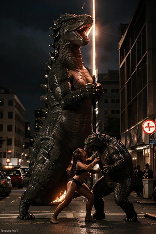 A gigantic muscular woman in boot gloves and a leopard-print bikini confronts Godzilla in a bustling cityscape filled with ruined skyscrapers. Dust, debris and chaos suggest a major confrontation. The woman is in the middle of a roar, mirroring the creature's aggressive stance. The scene is dramatic and intense, with the city buildings in the background.