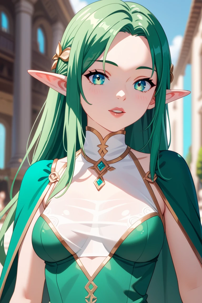 Photograph of the upper body of a beautiful woman, (nomal breasts, perfect body), Sharp focus, (proportional body , mature woman), ((Looking ahead)), (Highly detailed skin, hair follicles:1.4,),
( long hairstyles) (Green hair), (purple eyes) , angels , elf ears, fantasy (wear white cape), (white cloth), warriors , elegant, luxury, long skirts , gorgeous
wear accessories , wear crowns , loyalty