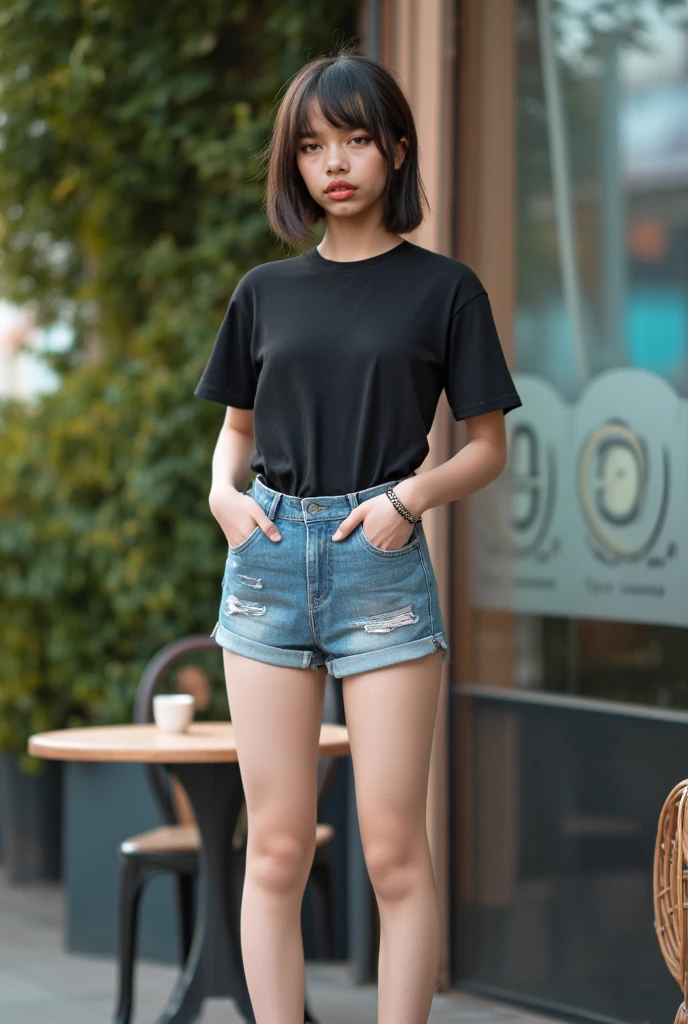 Very young girl of with curly black hair, hyperwhite skin, he would be, very thin, white short sleeve shirt, with black vest with gold buttons, long, ripped and ripped skinny jeans at the knees, black tennis shoes with white sole, short socks, cara circular, very short, standing, 8k, magazine photography