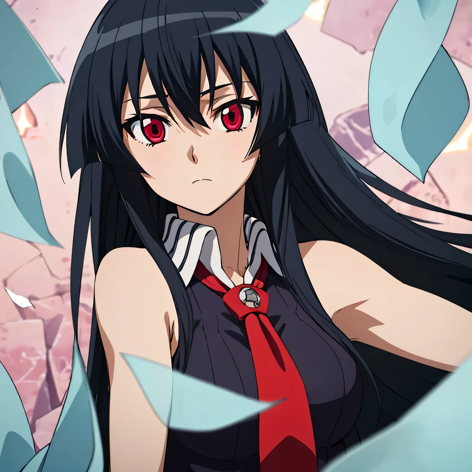 solo, 1girl, looking at viewer, 2D, anime, anime coloring, upper body, akame, necktie, sleeveless, glowing red eyes, ethereal dreamlike setting surrounded by floating translucent paper sheets, color palette of crimson, black, silver, indigo. close-up face
