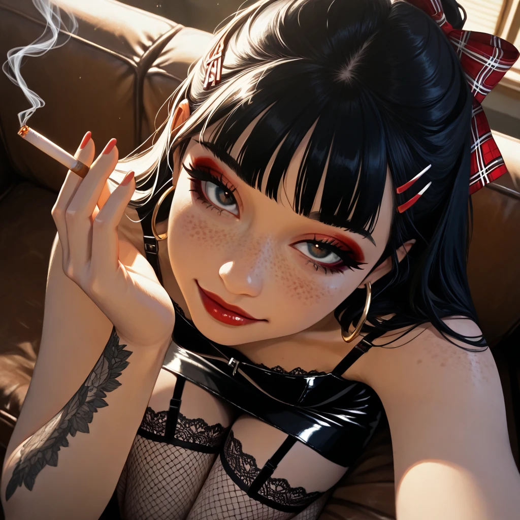 beautiful, (masterpiece:1.2), (best quality:1.2), perfect lighting, perfect eyes, perfect face, 1girl, black choker, black gloves, black hair, black lips, black nails, breast naked, topless, completely nake, fully naked, black skirt, breasts, choker, cropped jacket, cross, earrings, eyeliner, eyeshadow, fingerless gloves, gloves, hand on hip, highleg, medium breasts, jacket, jewelry, lips, lipstick, long hair, makeup, lift skirt, skirttlift, microskirt, miniskirt, navel, open clothes, open jacket, red eyes, skirt, sleeves pushed up, solo, spread legs, squatting, facing at viewer,