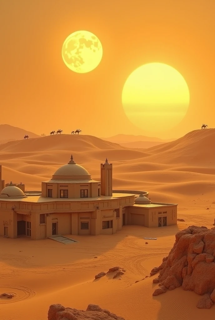 cinematic film still of  <lora:star wars style:0.2>
<lora:detailed:0.4> detailed
<lora:perfection style:0.4> perfect
<lora:PerfectEyesXL:0.5>
 <lora:Chiaroscuro Lighting Style:0.3>
 <lora:Tatooine:0.9>
Tatooine a desert with a dome and a building in the background and two suns in sky,in star wars style,outdoors,sky,cloud,no humans,cloudy sky,grass,scenery,sunset,sun,lamppost, shallow depth of field, vignette, highly detailed, high budget, bokeh, cinemascope, moody, epic, gorgeous, film grain, grainy