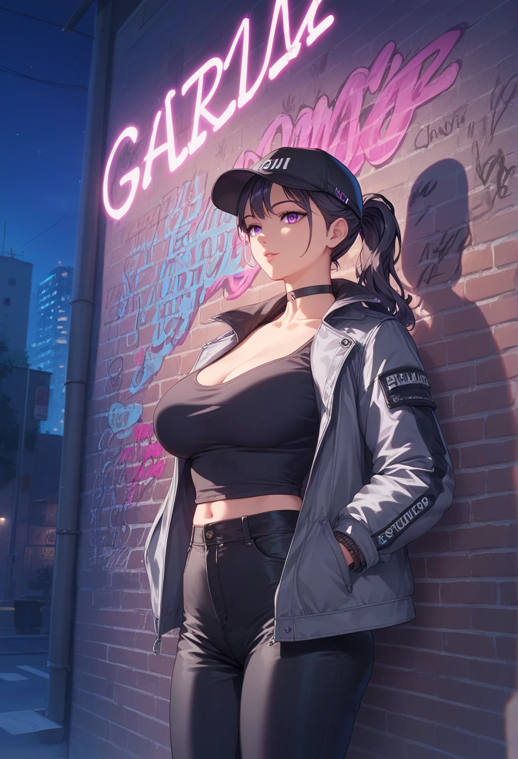 estilo anime, mujer grafitera, grafiti en la pared, desnuda contra la pared, gorra de lado, colores vivos, buena figura, buenas curvas, tatuajes maxima calidad, ultra detallado, 8K, cuerpo entero, cameltoe, ultra detailed 8k image, sharp image.
