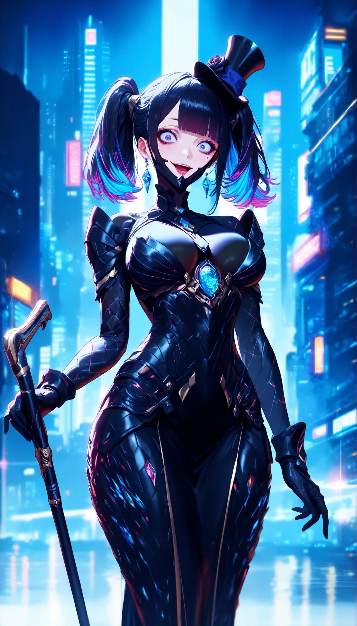 SOLO,Cyberpunk city background, A Mature Female with Robot body,Laser hair, Wearing Black Princess Evening Dress,(biological armor), (Metal Black Mask), multicolored hair, twintails, blunt bangs, mini top hat, mole under eye, crazy eyes, crystal earrings, crazy smile, social media composition,(Holding A black Short Cane with Sapphire),UHD, anatomically correct, masterpiece, textured skin, high details, highres, 1080P, 16k, accurate, Beautiful face, Perfect face, Highly detailed beautiful face and eyes, Attractive face, Detailed face, Delicate facial features, Detailed skin,Cowboy shot,Look at the viewer,(((hbig bosom)))