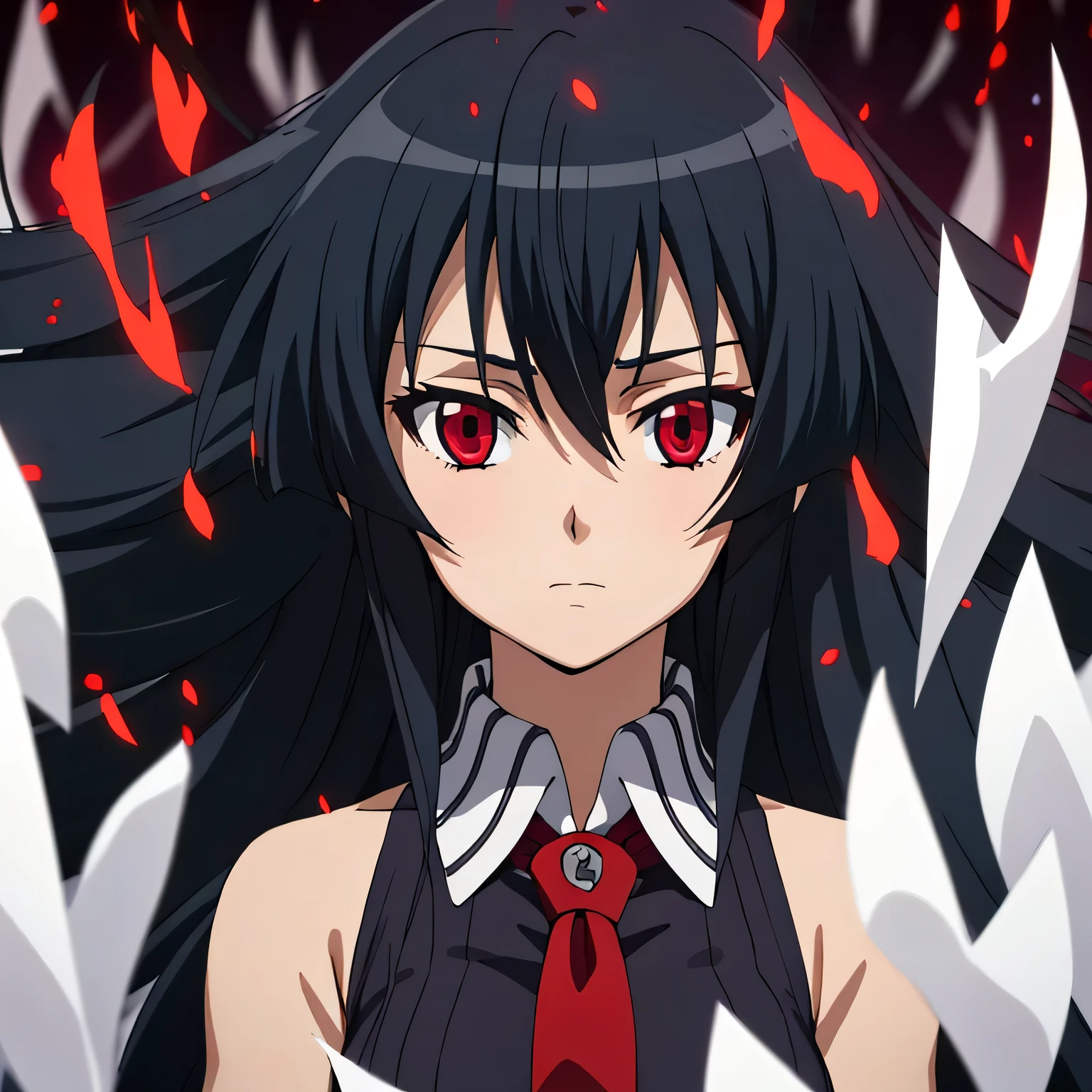 solo, 1girl, looking at viewer, 2D, anime, anime coloring, upper body, akame, necktie, sleeveless, solo, emotionless face, glowing red eyes, ethereal dreamlike setting surrounded by floating translucent paper sheets, color palette of crimson, black, silver, indigo.