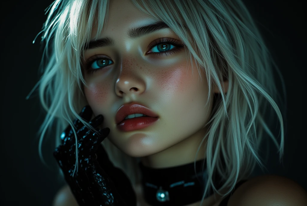 1girl, cute girl, sexy, solo, looking at viewer, monochrome, greyscale, bunt bangs, purple eyes, white hair, long hair, parted lips, horns, black background, portrait, cyberpunk, gothic, biopunk, dated, retro art, romantic,