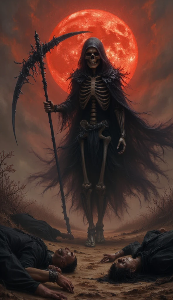 best quality, 4K, high resolution, masterpiece:1.2, Very detailed, actual:1.37, Mood lighting, An undead girl in a long cape, Whole body including hands & arms & legs & feet are all skeleton bones but except the head is still beautiful human face, Wearing a ragged gothic skirt, Aloofness emotion, Dangerous sneer, Beautiful but cruel smile, Black Hair, Standing, Facing the camera, Crucified, Pitch black sky, Blood-red moon, strange atmosphere, Gothic style, Unforgettable beauty, Dramatic shadows, Ethereal Light, Mysterious atmosphere.