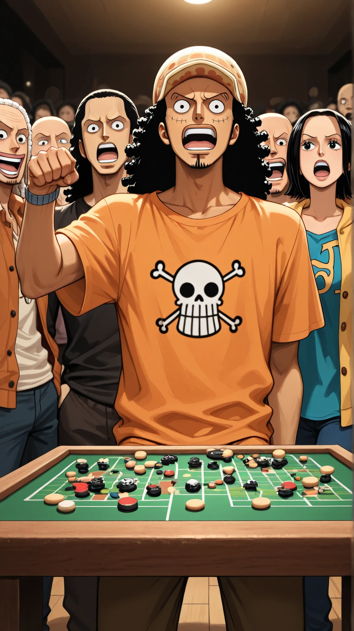 Usopp do anime One Piece , in casual clothes, with an exaggerated pose of confidence, speaking to a group of people . He is surrounded by a crowd, and the background may have a table with board games and a TV in the background, representing an informal environment.