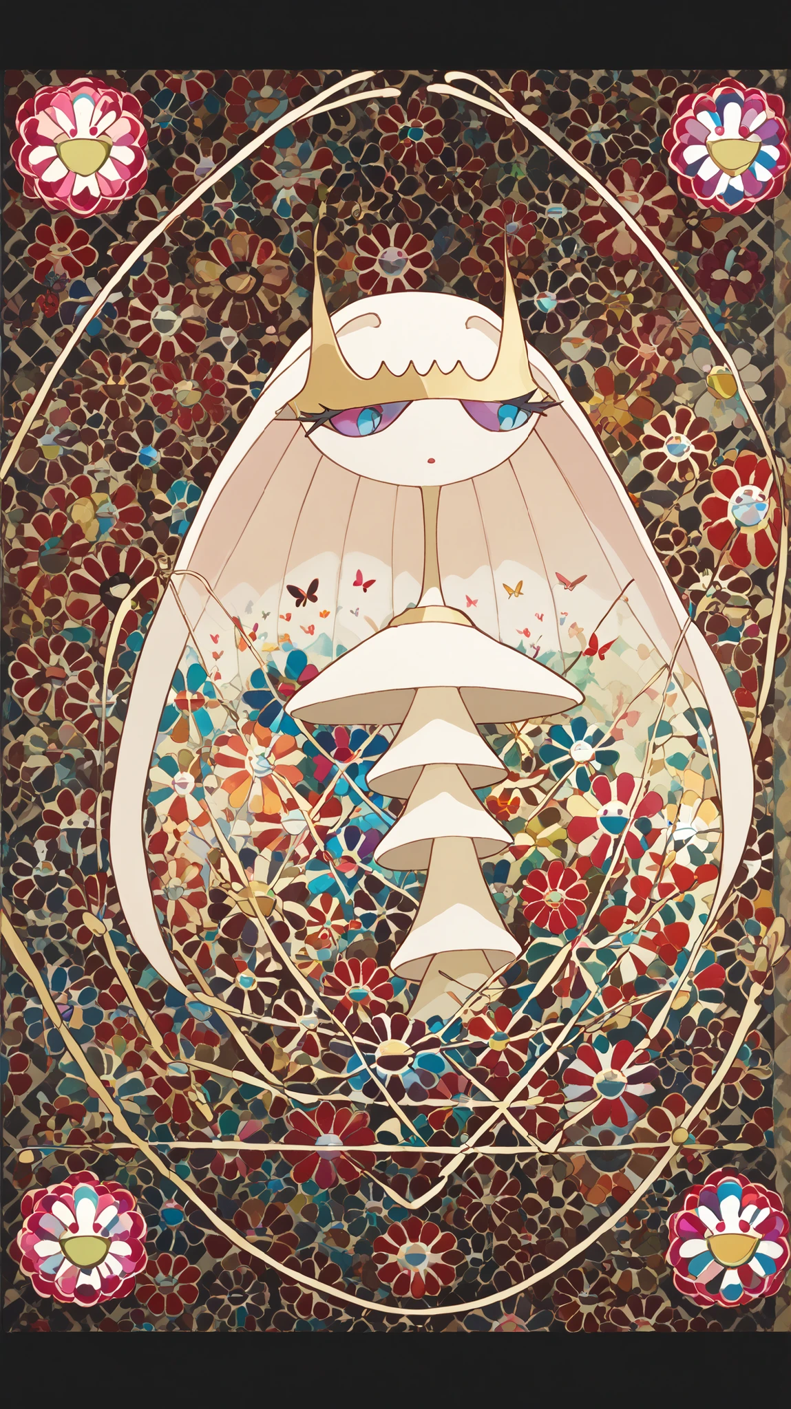 (Colorful butterflies with gorgeous ornaments and flowers on black background), (pheromosa:1.0),(harmony of butterfly), Butterfly, intricate digital painting, (mechanical butterfly), highly intricate and colorful, dark but detailed digital art, Highly detailed symmetry, detailed digital artwork, Symmetrical intricate details, plethora of colors,colorful intricate masterpiece,(Sticker style:1.5),(Geometric pattern background:1.5),frontage、Sticker style,((over view)),(portrait),
