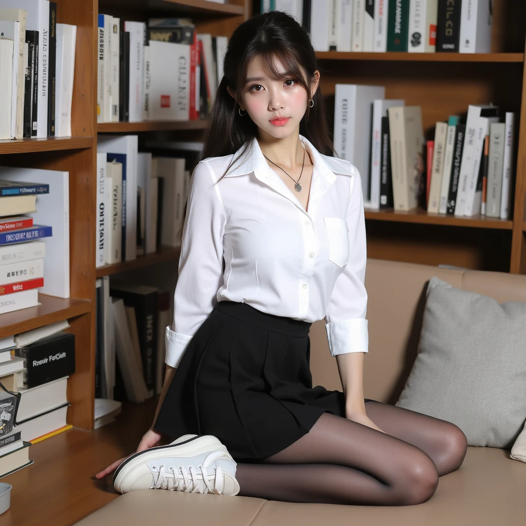 Ponytail Girl, white_shirt, Short sleeve, black_Pencil Mini Skirt, shirt_Pushed in_Brown_Sit on a chair、Panties seen from the front