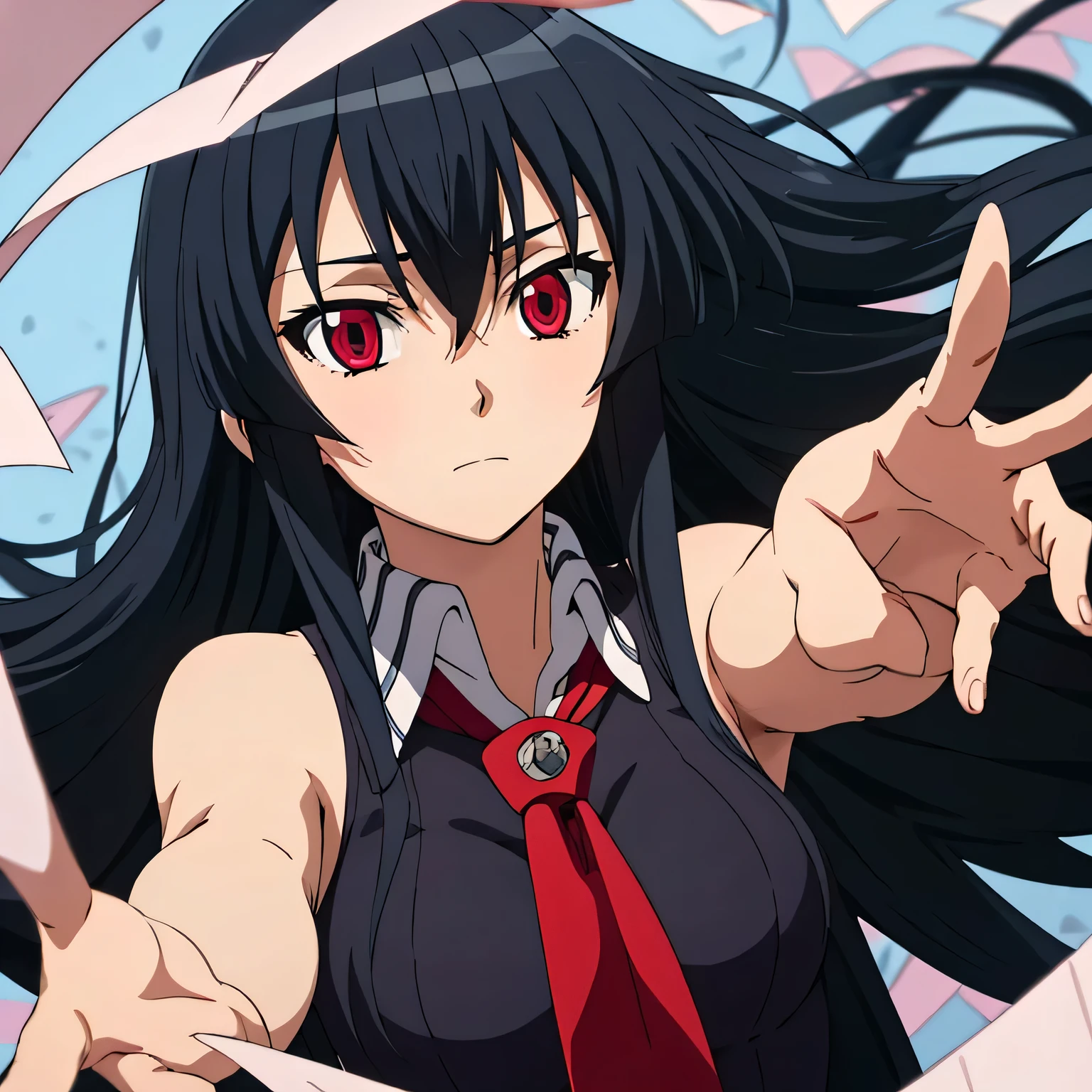 solo, 1girl, looking at viewer, 2D, anime, anime coloring, upper body, akame, necktie, sleeveless, solo, emotionless face, glowing red eyes, ethereal dreamlike setting surrounded by floating translucent paper sheets, color palette of crimson, black, silver, indigo, reaching out,