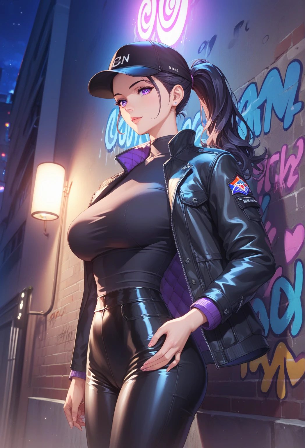 widow-normal,purple skin, head-mounted display ,ponytail, colored skin ,earrings, glossy lips , 1girl, solo, standing, black t-shirt, white shirt, blue jeans, belt, lipstick, large breasts, layered sleeves