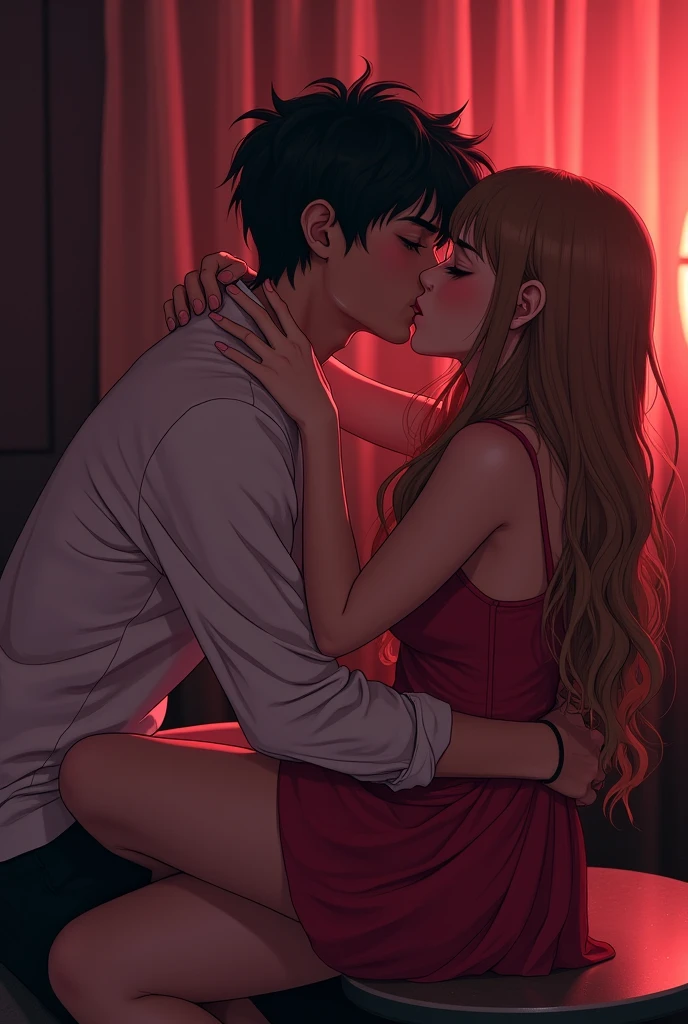 Generate me a photo of an Argentine girl, with a good bust, blue-eyed blonde with tears in her eyes, a crying butterfly tattoo on the legs of a boy with Korean features with not so slanted eyes with a white shirt full of red lipstick kisses and unbuttoned pants with a lip piercing. Both full body and white skin. In a red room on a bed and a picture hanging on the wall that says Azul and Zeth with hearts. With wine glasses on a nightstand