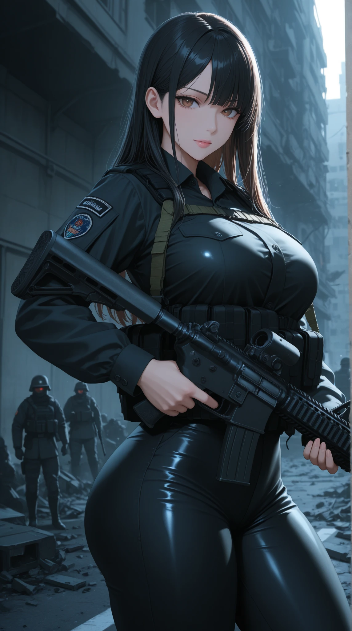 (masterpiece:1.2, highest quality), (Realistic, photoRealistic:1.4),1 female,Mature Woman,42 years old,(A female SWAT officer storms into a crime scene),(((Dynamic Movement))),(((Holding a rifle))),(Detailed rifle),(Muscular),(Huge breasts),(Thick thighs),(SWAT black combat bodysuit),(black bulletproof vest),(Black Tactical Forster),((Tactical Headset)),((Black tactical helmet)),(Black Combat Gloves),(The background is a group of buildings late at night:1.5),(((Background Blur:1.5))),(Serious),(The dazzling light of a searchlight),(((m4a1))),(((holding_gun,,akm,kalashnikov_rifle,assault_rifle))),(((m4a1))),(whole body:1.5),(((front:1.5)))