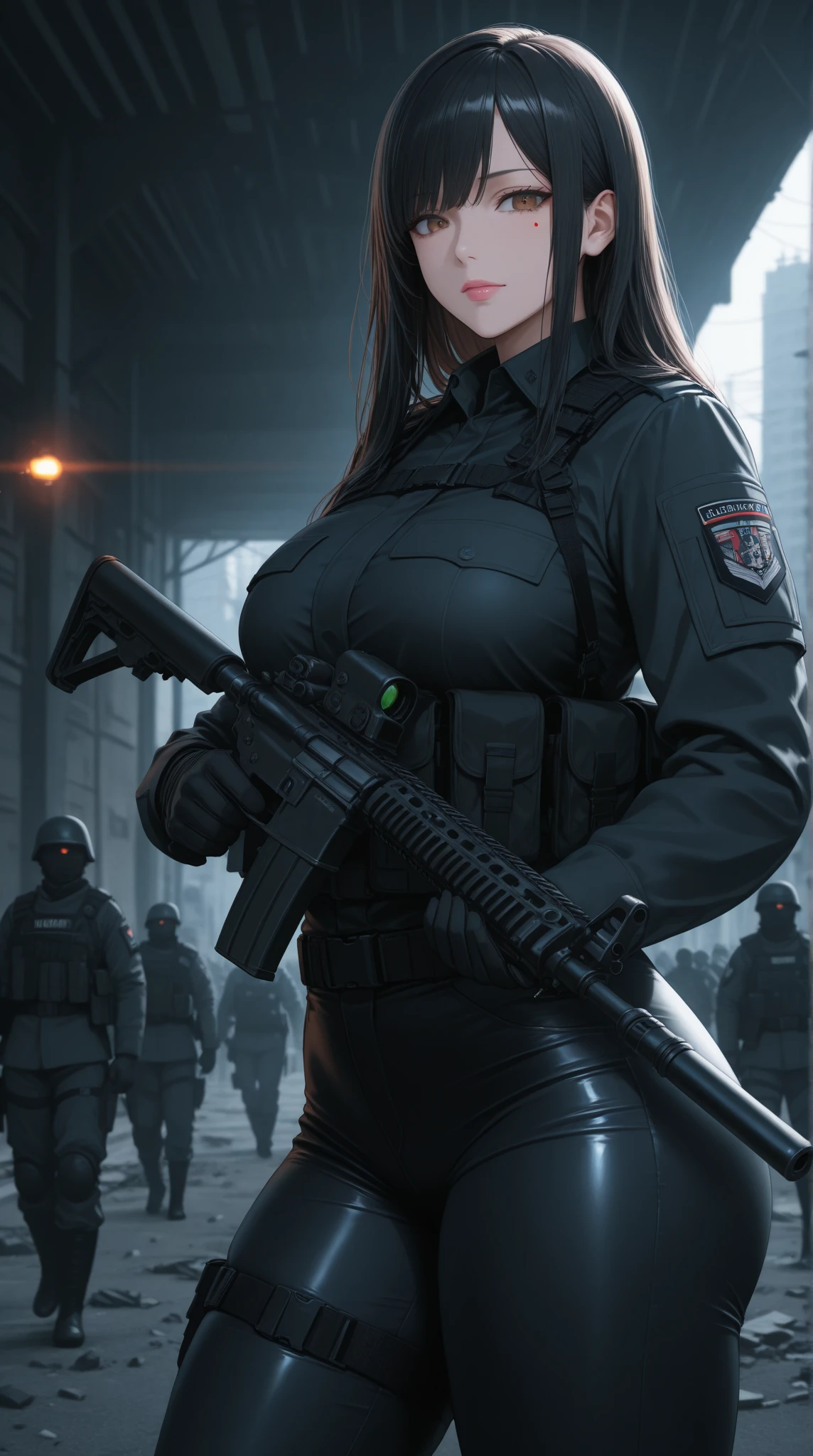 (masterpiece:1.2, highest quality), (Realistic, photoRealistic:1.4),1 female,Mature Woman,42 years old,(A female SWAT officer storms into a crime scene),(((Dynamic Movement))),(((Holding a rifle))),((Muscular)),((Huge breasts)),(Thick thighs),(SWAT black combat bodysuit),(black bulletproof vest),(Black Tactical Forster),((Tactical Headset)),((Black tactical helmet)),(Black Combat Gloves),(The background is a group of buildings late at night:1.5),(((Background Blur:1.5))),(Serious),(The dazzling light of a searchlight),(((m4a1))),(((holding_gun,ak-47,akm,kalashnikov_rifle,assault_rifle))),(((m4a1))),(whole body:1.5),(((front:1.5)))