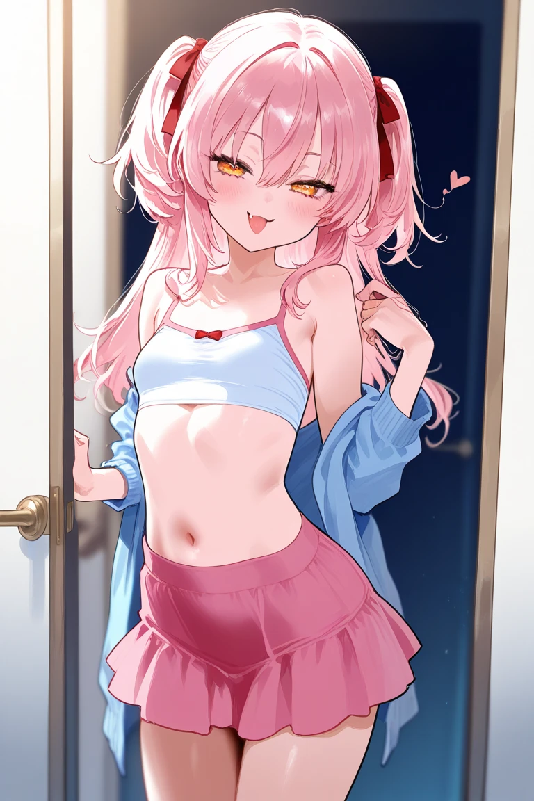 One girl、Pink hair、PastelColors、Cute、blush、Underwear is visible, tiny chest, roomwear
