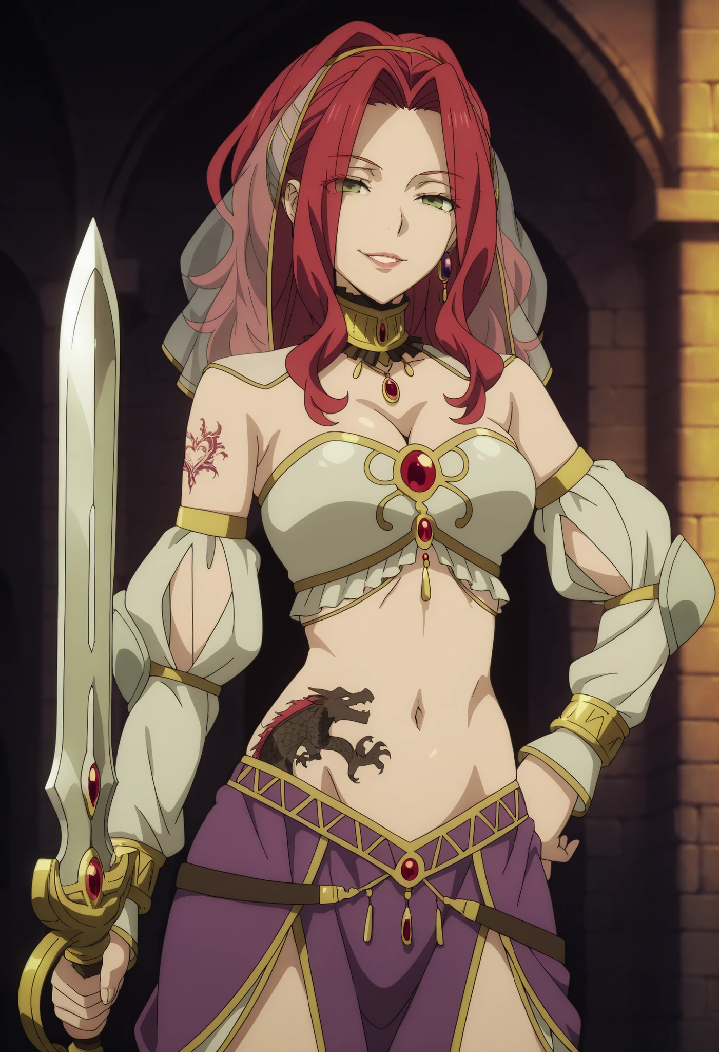 wearing edgMes,harem outfit, navel,jewelry,dancer veil,Malty Melromarc (The Rising of the Shiel) beautiful body,athletic body, beautiful breasts, ,visible private parts , ultra detailed image, anime image ,girl, anime malty, excitement, red hair, green eyes , ear piercing, long hair, , lipstick,Hot girl, baddie, sensual, attractive , ,jewelry, earrings, large breasts, long hair, castle,inside castle, masterpiece, best quality, highly detailed ,gold_choker, complex detailed background, inside, holding a sword, sword,harem_outfit,navel, necklace, pelvic_curtain,revealing_clothes, veil, masterpiece,best quality,mature,evil smile ,necklace,pendant, (nsfw) not safe for work, exposed belly, exposed navel, midriff, exposed lower belly, ,cleavage, ,,dragon tattoo, narrowed eyes, tattoo midriff, large breast