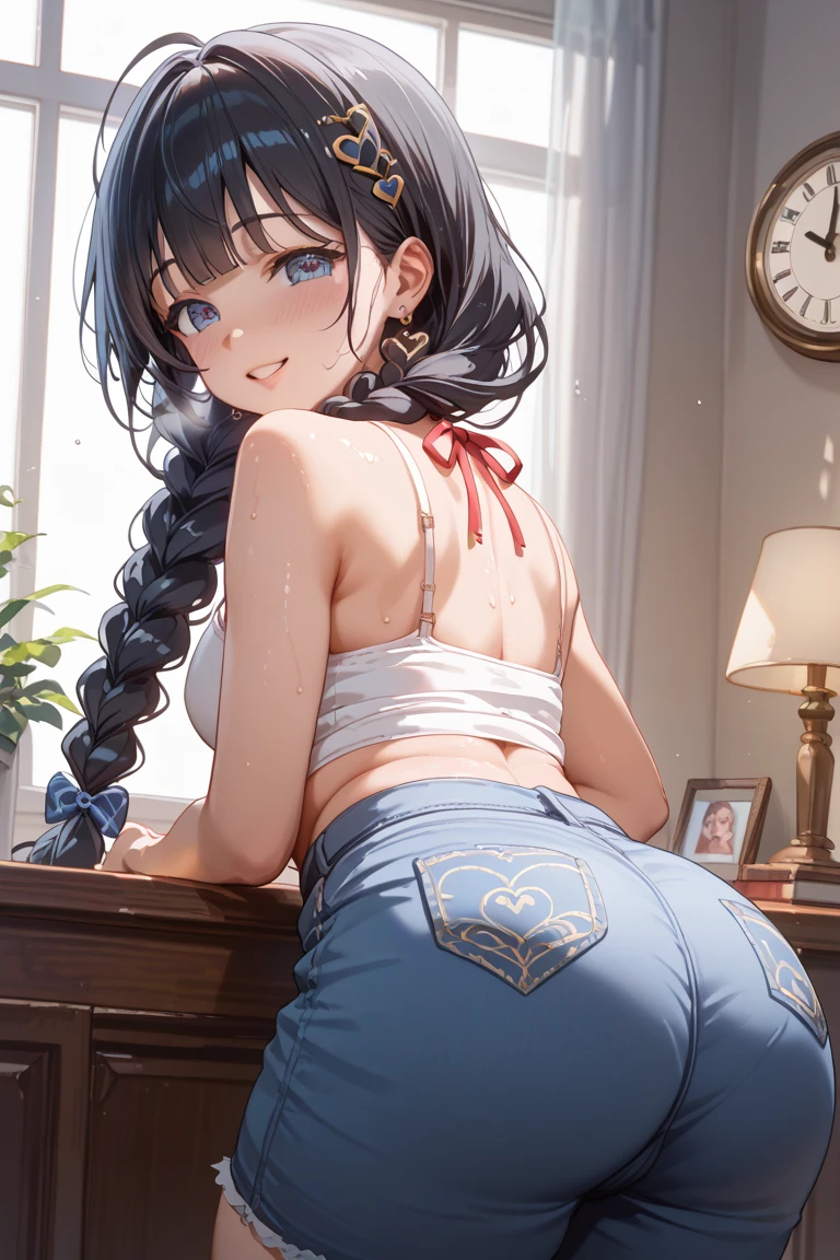 A beautiful girl in a corset and stockings posing for a photo, anime girl, flower garden with wooden benches, blue sky with white clouds, big rounds breasts, choker with bell, strapless corset, thigh highs, lace panties, cute round buttocks, she turns back, shows her ass, beautiful detailed face and eyes, perfect anatomy, dark brown hair, long bangs, long hair, wavy hair, expressive hair, shiny hair, tied hair, hairclip, jewelry, ta hairband, aqua eyes, glowing eyes, pupils sparkling, earrings, red lips , glossy lips, shy, embarrassed, blush, nervous, high detail, anime, anime style, cinematic lighting, image fill, framed, head out of frame, pov, multiple views, perspective, panorama, lens flare, Wide-Angle, f/1.8, 85mm, Nikon, from behind, 8k, super detail, UHD, retina, masterpiece, accurate, anatomically correct, textured skin, high details, best quality, highres, 16k