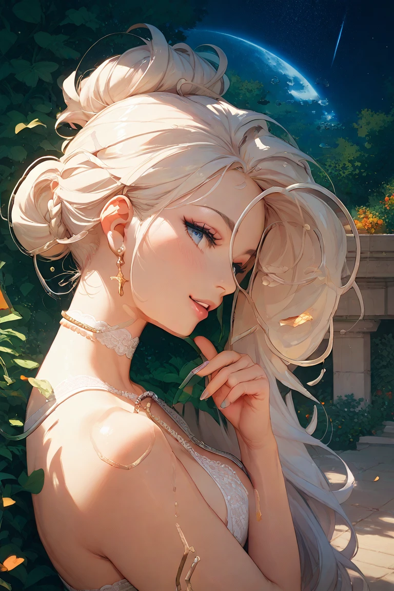 Goddess ((goddess-like woman)), slim, elegant silhouette, masterpiece, (close angle), best quality, pale skin, fair skin, sweet face, (masterpiece: 1.2, best quality), (real image, intricate details), (1 lady, solo, medium tits, small waist, ), ((Jinx/LOL)), beautiful face, kissable lips, very long white hair, slicked back hair, (very long white hair), white hair , VERY LONG HAIR , (very long white hair), perfect makeup, realistic face, detailed red pink eyes, (red pink eyes) bright red pink eyes, very long hair, eyelashes, mouth slightly open, she has an impressive presence, gold bracelet, gold hoop earrings, beautiful face, beautiful eyes, she is wearing a Grey Cut Out Straps sport BH and a leggings, sweet irresistible smile, elegant pose, elegant hands, beautiful hands, perfect fingers, background: She stands in front of a Taiwanese temple, the wind blows through her hair, blue sky, sunny day, the trees, light wind, cherry blossoms, autumn leaves, garden