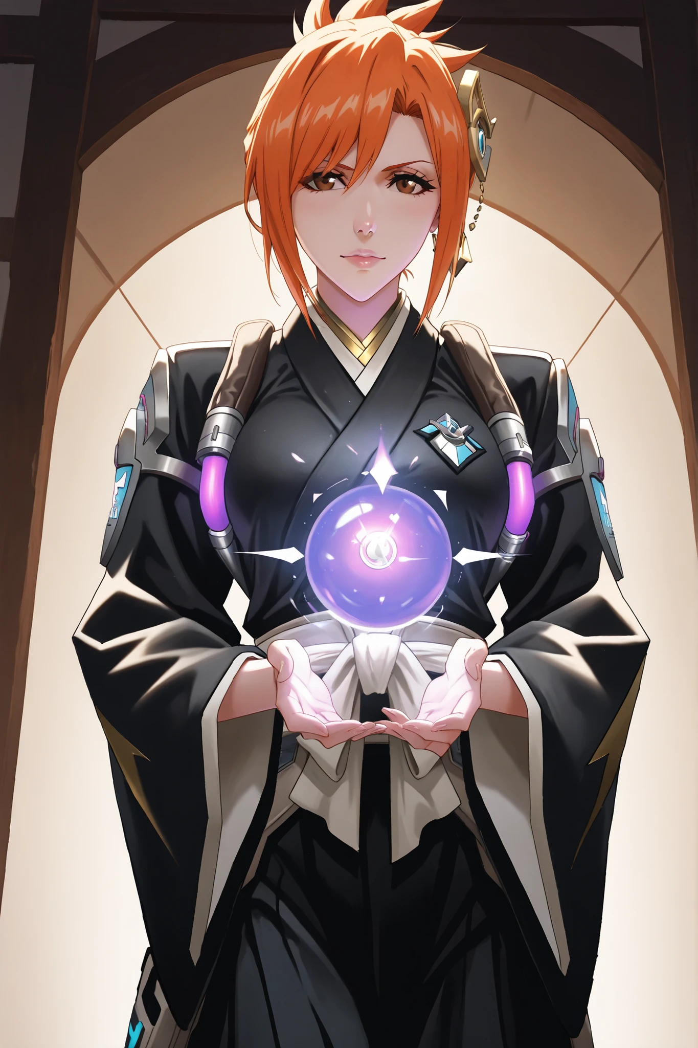 Masterpiece, ultra-detailed, 4K, HD, cinematic lighting, semi-realistic style, perfect face, perfect hands, perfect eyes, ((Cowboy shot)), (((Moira from Overwatch reimagined as an elite officer of the 4th Division in Bleach))). Tall and lean figure, elegant yet imposing stance, (((black kimono))), Pale skin, sharp facial features, and distinctive red-orange hair tied neatly back. Her glowing eyes shimmer with dual-toned energy (purple and gold), reflecting her balanced mastery of healing and destructive reiatsu. In one hand, she holds a swirling orb of vibrant energy, while her other hand hovers near an open medical kit, symbolizing her dual role as a healer and strategist. Faint spiritual tendrils of purple and gold reiatsu radiate around her, creating a visual aura of mystique and precision. ((Traditional Seireitei backdrop with medic tents nearby, under soft evening light)). Scene exudes grace, intelligence, and controlled power. Best quality, semi-realistic aesthetic, sharp focus on details, harmony in composition, immersive and dynamic energy. 2D semi-realistic, ((solo)), (((1woman))), ((mature woman)), purple and gold energy, confident and refined, moiraxl, short hair, small breast