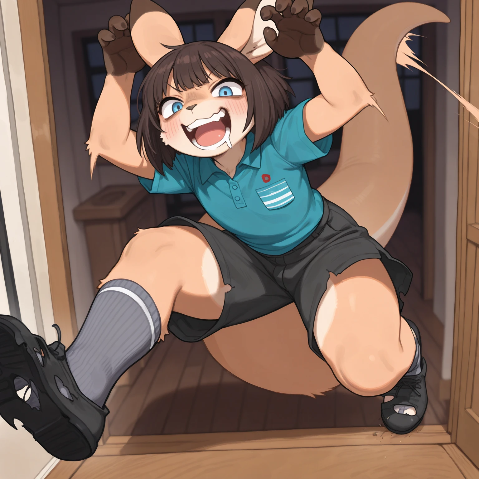 masterpiece, best quality, , small ass, climbing, torn skirt, nude ass, ginger hair, green eyes, cute, bite marks, torn black socks, red sneakers, red backpack, ((ass chewed by wolf)), blush, embarassed, looking back