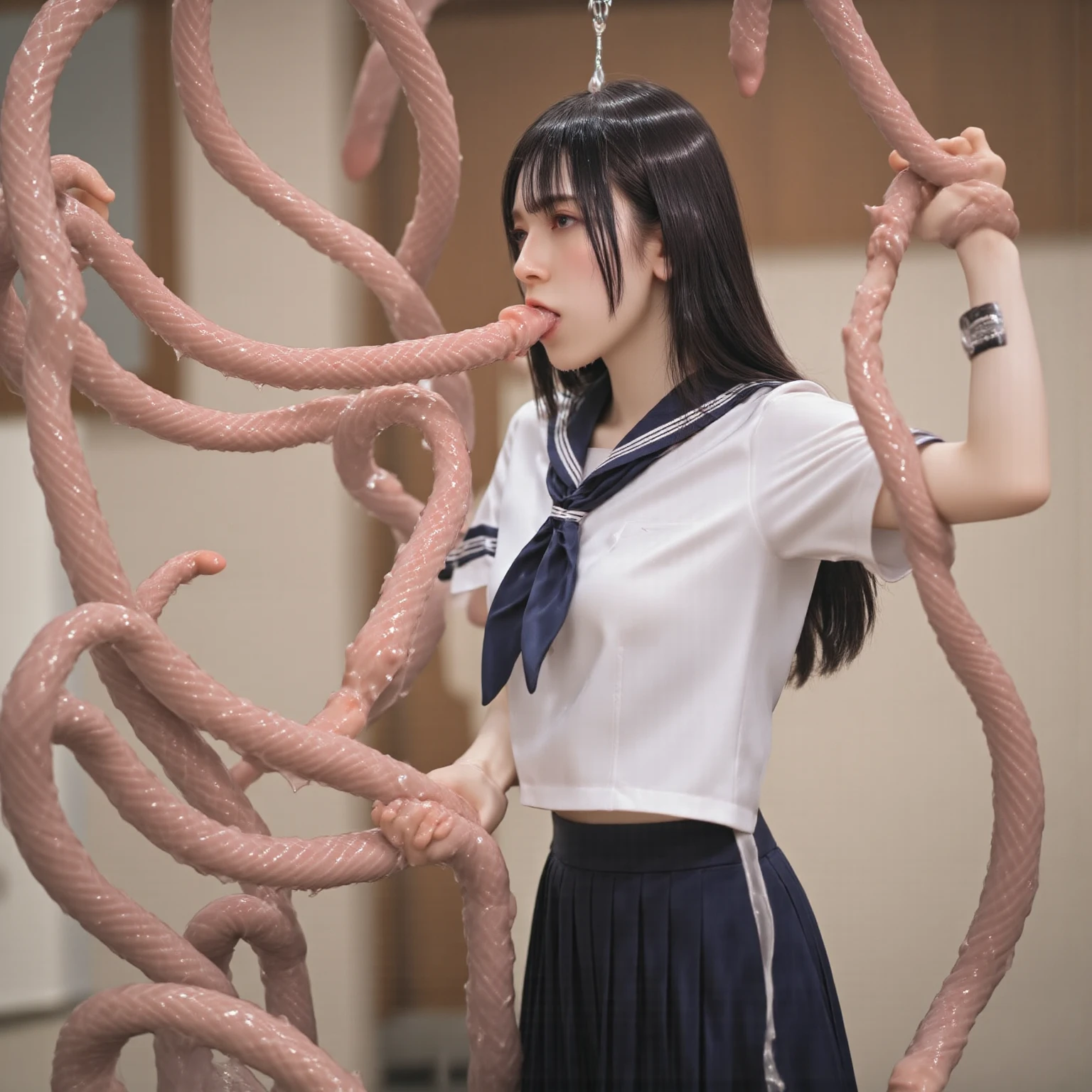 Woman attacked by monster tentacles、Kissing Face、Highest quality, masterpiece, Ultra-high resolution, (Realistic:1.4), ) RAW Photos, 1 caucasian girl, 2,Slender body,)),((Looking down)), Realistic pictures, ,Inside the church、whole body、Disheveled clothes、fair, Beautiful Skin、Immaculate skin、Please bend your knees、Boldly spread your legs wide(Spread your legs)、Violated by slimy tentacles、Attacked by multiple tentacles、Sleep on your back:1.4、Tentacles penetrate deep into the female genitals、Tentacles wrapped around chest、Stewardess Uniform