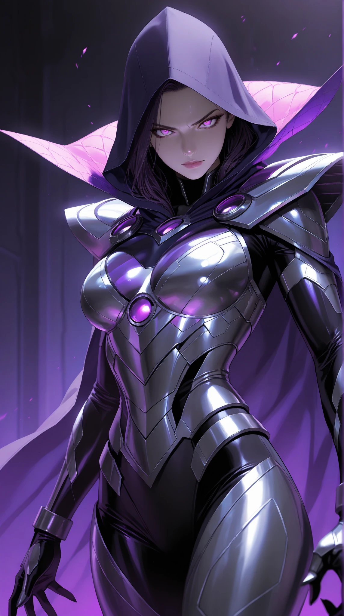 a dark fantasy cyberpunk android woman, 1 girl, highly detailed, hyper realistic, masterpiece, 8k, photorealistic, beautiful detailed eyes, beautiful detailed lips, extremely detailed face, long eyelashes, long white hair, shawl, black coat, glowing purple eyes, expressionless, mecha long skirt, holding a weapon, beautiful necromancer, dark cloaked necromancer, beautiful death, dark witch character, (black purple:1.1), studio lighting, professional, vivid colors, physically-based rendering, extreme detail description