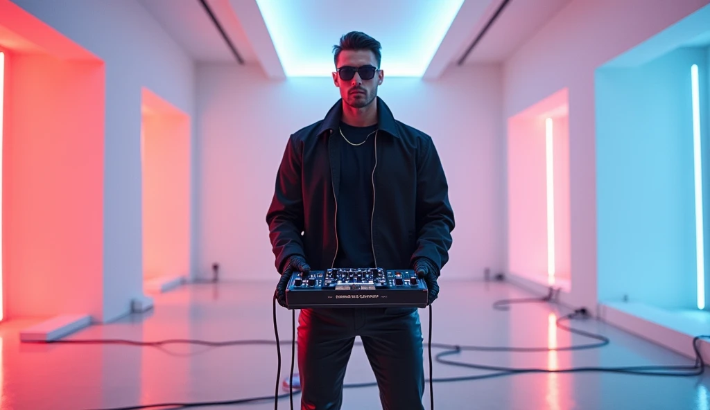 The young man is standing in the center of a music studio, modern room illuminated by intense red and white neon lights forming geometric patterns on the ceiling. He has long, brown hair tied back in a neat man bun, and he sports dark sunglasses that add to his cool, enigmatic demeanor. He is naked and has no clothes on.