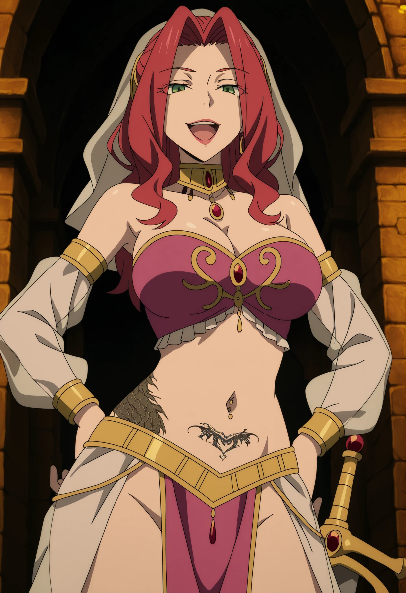 wearing edgMes,harem outfit, navel,jewelry,dancer veil,Malty Melromarc (The Rising of the Shiel) beautiful body,athletic body, beautiful breasts, ,visible private parts , ultra detailed image, anime image ,girl, anime malty, excitement, red hair, green eyes , ear piercing, long hair, , lipstick,Hot girl, baddie, sensual, attractive , ,jewelry, earrings, large breasts, long hair, castle,inside castle, masterpiece, best quality, highly detailed ,gold_choker, complex detailed background, inside, holding a sword, sword,harem_outfit,navel, necklace, pelvic_curtain,revealing_clothes, veil, masterpiece,best quality,mature,evil smile ,necklace,pendant, (nsfw) not safe for work, exposed belly, exposed navel, midriff, exposed lower belly, ,cleavage, ,,dragon tattoo, narrowed eyes, tattoo midriff, large breast, navel piercing, open mouth,