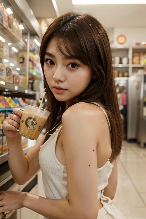 1 girlCute 20 years female, pink short shirt without text, brown long curly hair, smiling, in left hand cofee cup, right hand waves