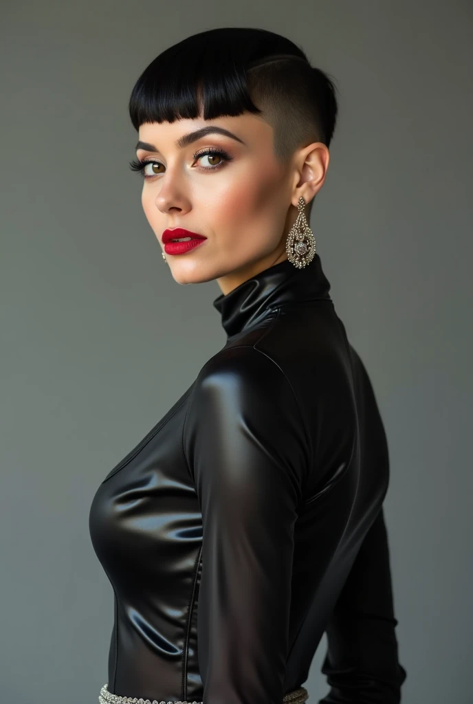 Dominatrix, skinny, heavy make-up, tatoo, cleveage, seductive pose, realistic face, woman, 30s, more tatoo, full body view, standing, diamond jewelry, perfect face, realistic, more realistic, milf, medium length hair, big round ass, short hair, huge fake lips