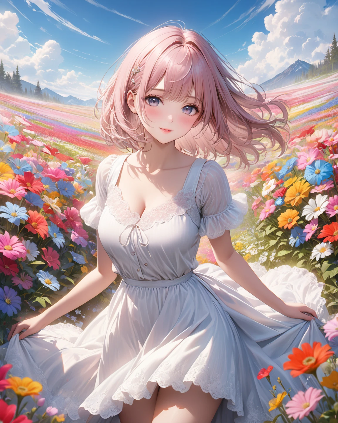 super detail, best quality, a woman , Full smile, Light-colored, neat clothing, An atmosphere of joy ,Flower Field