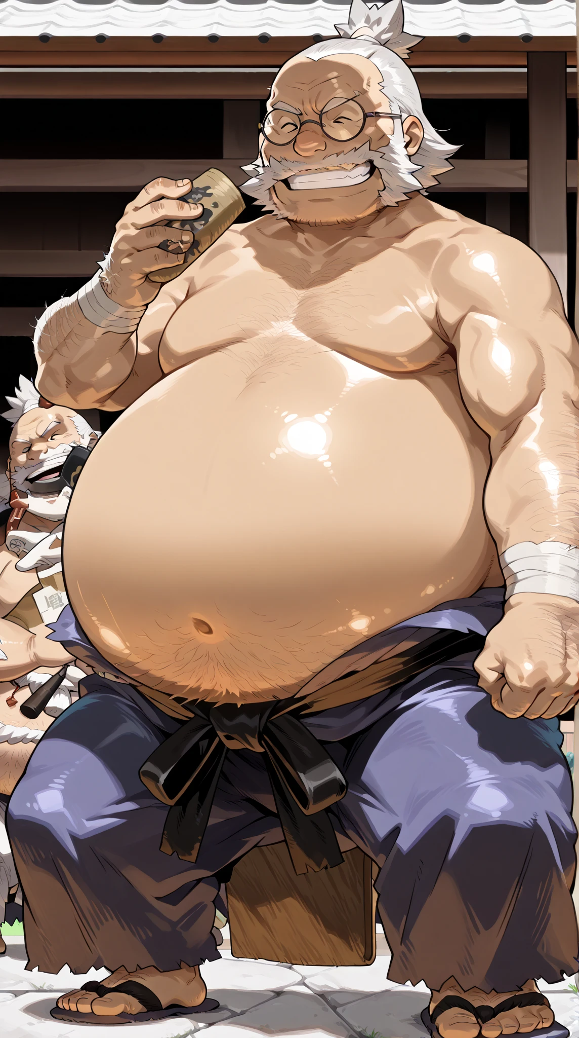 male people,Middle Age,Strong build,(Spread your legs),(No tops and pants),(wearing white underwear),In old Japanese houses,small bulge, nsfw, chubby, big fat, musclechub, hairy, armpit hair, older man, thick beard, facial hair, beard, thick mustache, sweaty, blushing