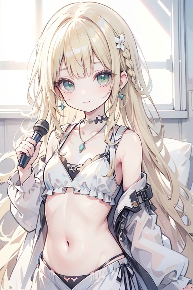 top-quality、Top image quality、masterpiece、girl with((cute little、18year old、Best Bust、Medium bust、Bust 85,Red eyes to issue、Breasts wide open,Valley、Blonde long hair、A slender、Black leather bra、White trousers、happily face、weightless、float、splatters、levitation、Headphones with black microphone、posterior view)hiquality、Beautiful Art、Background with((sky at night、mid air、meteors、black hole)),masutepiece、Elaborate design、visualart、depth of fields、Being in the air、weightless