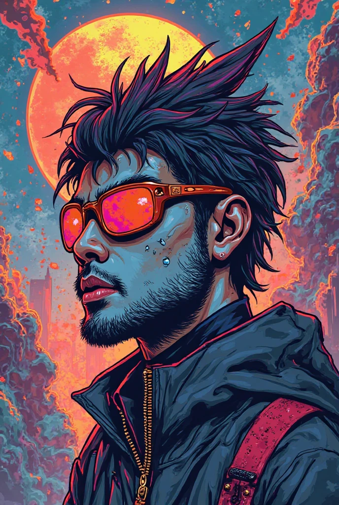 wvert1 ,digital art, 1boy, male focus, wearing a futuristic suit , wlop, artgerm , looking_at_viewer, 1990s, Seattle background, vaporwave, synthwave,  city punk, vivid colors, rim lighting, octane render, trending on artstation, art by art germ, joe madureira style,