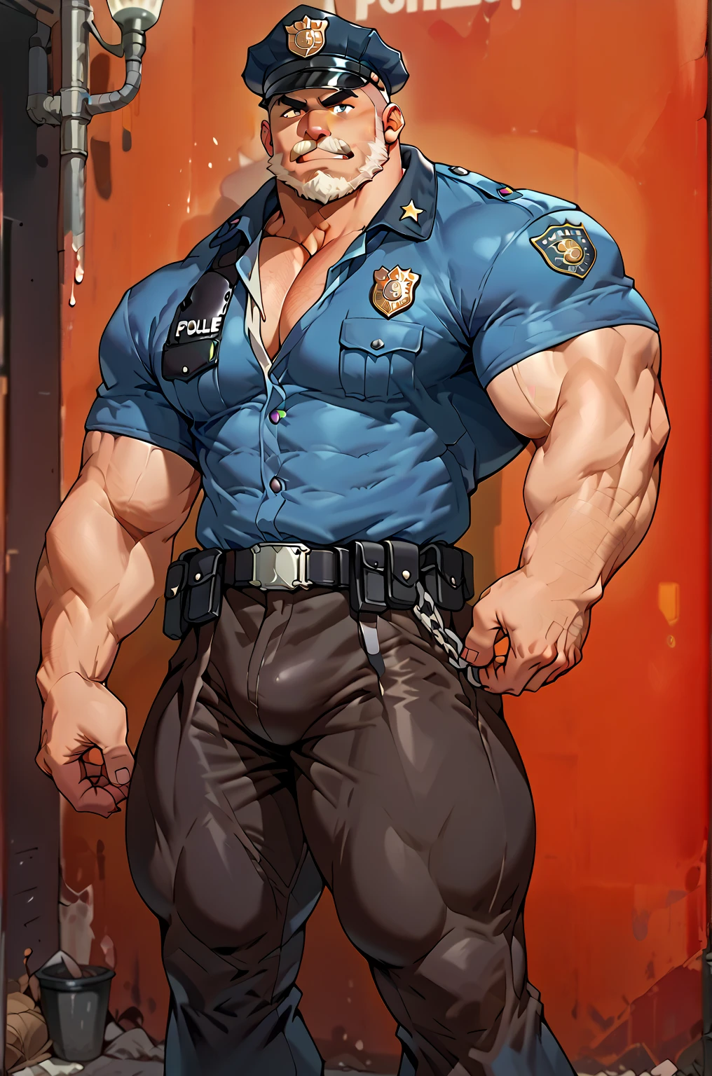 Best quality, masterpiece, ultra high res,detailed background,solo,male,bara,muscular,facial hair,mature male,thick thighs,looking at viewer,((police hat)),((alley)) ,photo of muscular bearded (man) in a worn ((skin-revealing skimpy erotic police uniform)), big arms, large bulge,erotic, exuding sexual energy, homoerotic, sharp focus, photo by greg rutkowski, soft lighting, vibrant colors, (masterpiece), (detailed face), looking at viewer, light smile